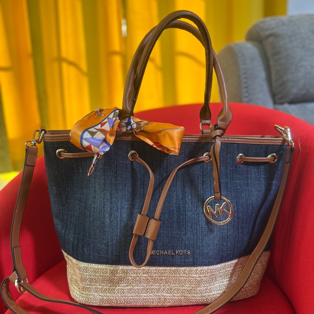 Michael Kors Denim Blue and Brown Tote with Straw Trim